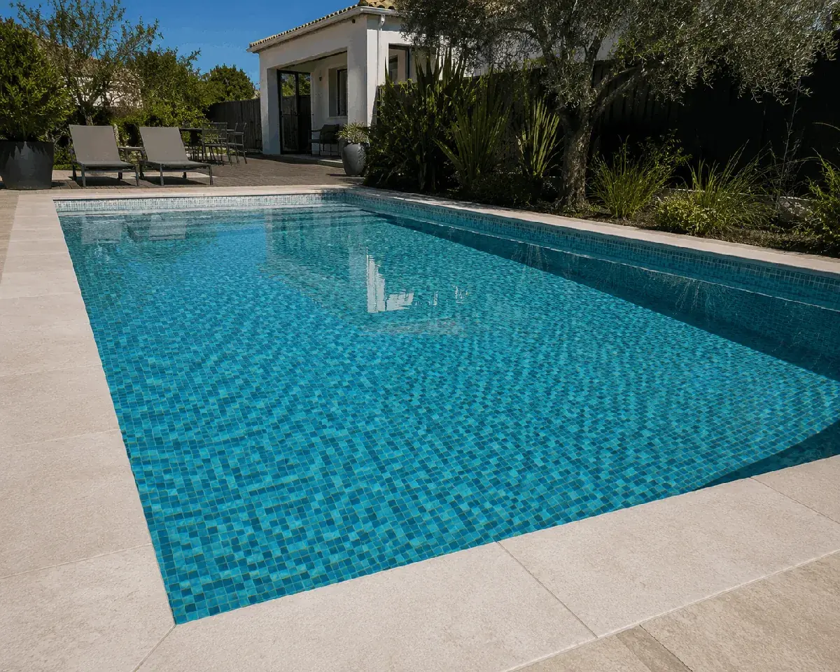 Bassin de piscine carrelé en mosaïque pâte de verre à Vertou