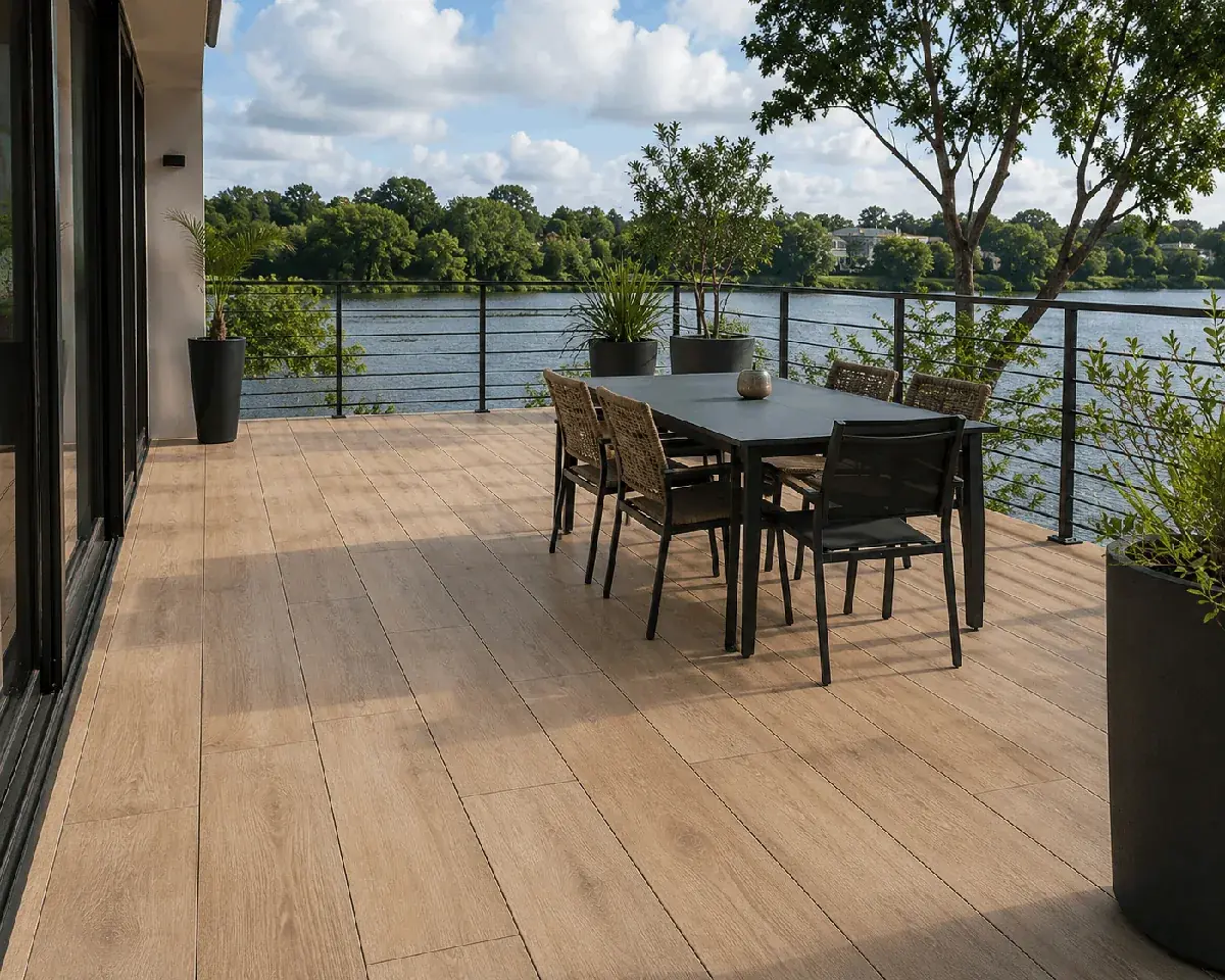 Terrasse bord d'Erdre carrelée à La Chapelle-sur-Erdre