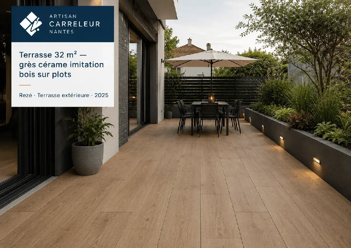 Terrasse extérieure en grès cérame imitation bois posée sur plots à Rezé